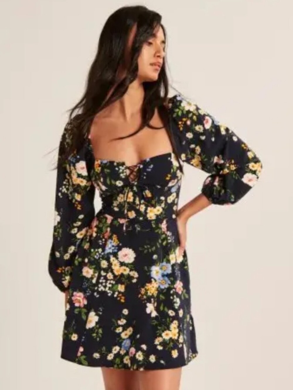 Abercrombie & Fitch | Navy Floral Long Sleeve Lace Up Bodice Mini Dress